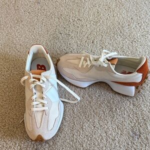 New Balance White and Tan Sneakers
